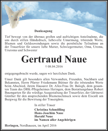 Traueranzeige von Gertraud Naue von Thüringer Allgemeine