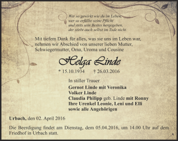 Traueranzeige von Helga Linde von Thüringer Allgemeine