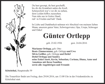 Traueranzeige von Günter Ortlepp von Thüringer Allgemeine, Thüringische Landeszeitung
