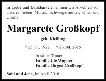 Traueranzeige von Margarete Großkopf von Ostthüringer Zeitung, Thüringische Landeszeitung