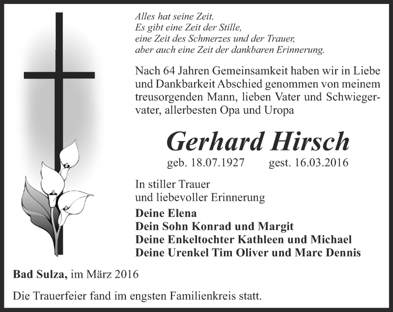  Traueranzeige für Gerhard Hirsch vom 05.04.2016 aus Thüringer Allgemeine, Thüringische Landeszeitung