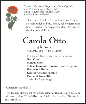 Traueranzeige von Carola Otto von Thüringer Allgemeine, Thüringische Landeszeitung