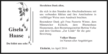 Traueranzeige von Gisela Haase von Ostthüringer Zeitung