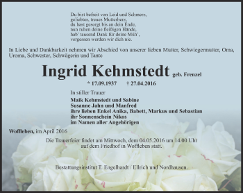 Traueranzeige von Ingrid Kehmstedt von Thüringer Allgemeine