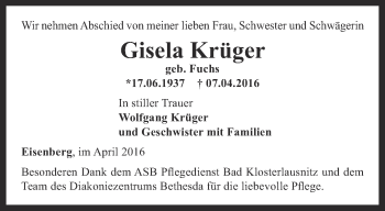 Traueranzeige von Gisela Krüger von Ostthüringer Zeitung