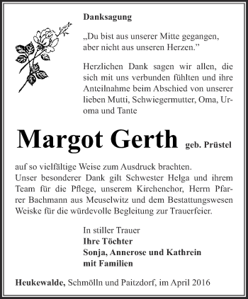 Traueranzeige von Margot Gerth von Ostthüringer Zeitung