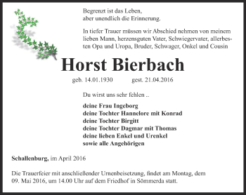 Traueranzeige von Horst Bierbach von Thüringer Allgemeine