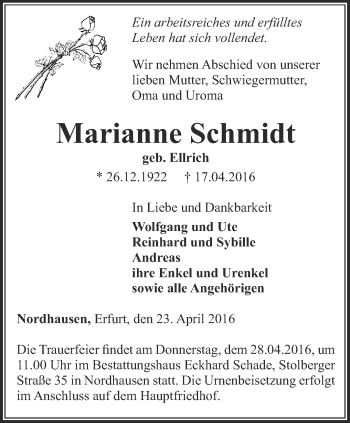 Traueranzeige von Marianne Schmidt von Thüringer Allgemeine