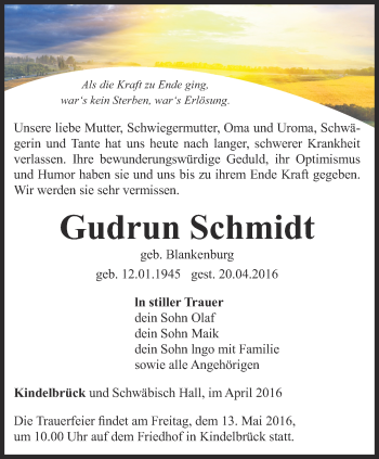 Traueranzeige von Gudrun Schmidt von Thüringer Allgemeine