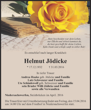 Traueranzeige von Helmut Jödicke von Thüringer Allgemeine