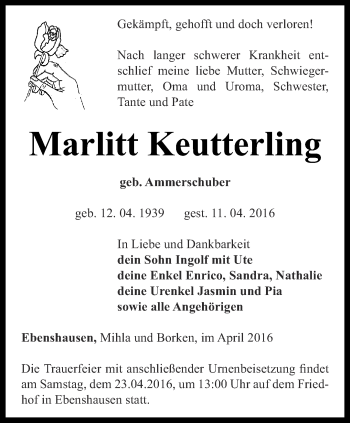 Traueranzeige von Marlitt Keutterling von Thüringer Allgemeine, Thüringische Landeszeitung