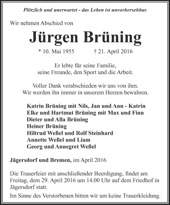Traueranzeige von Jürgen Brüning von Ostthüringer Zeitung, Thüringische Landeszeitung