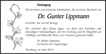 Traueranzeige von Gunter Lippmann von Ostthüringer Zeitung, Thüringische Landeszeitung
