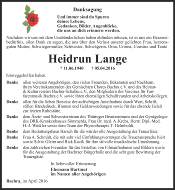 Traueranzeige von Heidrun Lange von Thüringer Allgemeine