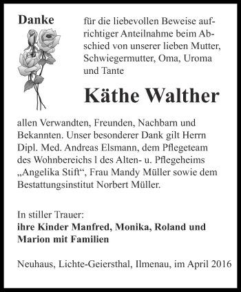 Traueranzeige von Käthe Walther von Ostthüringer Zeitung