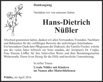 Traueranzeige von Hans-Dietrich Nüßler von Ostthüringer Zeitung