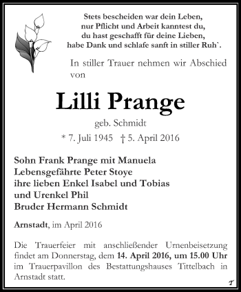 Traueranzeige von Lilli Prange von Thüringer Allgemeine