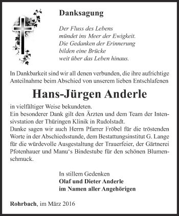 Traueranzeige von Hans-Jürgen Anderle von Ostthüringer Zeitung