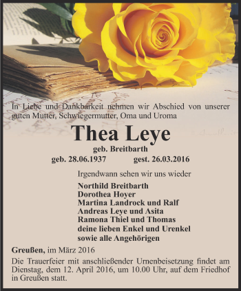 Traueranzeige von Thea Leye von Thüringer Allgemeine