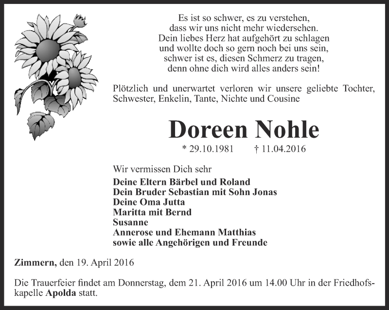  Traueranzeige für Doreen Nohle vom 19.04.2016 aus Ostthüringer Zeitung, Thüringische Landeszeitung