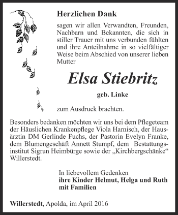 Traueranzeige von Elsa Stiebritz von Thüringer Allgemeine, Thüringische Landeszeitung