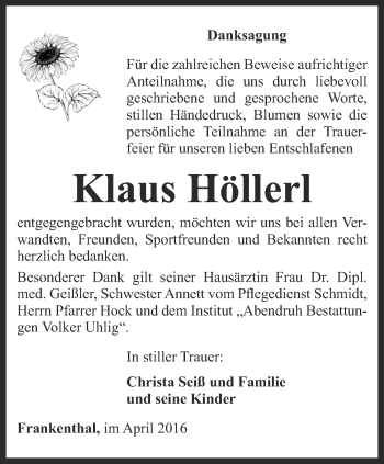 Traueranzeige von Klaus Höllerl von Ostthüringer Zeitung