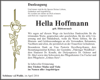 Traueranzeige von Hella Hoffmann von Ostthüringer Zeitung, Thüringische Landeszeitung