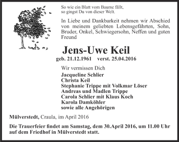 Traueranzeige von Jens-Uwe Keil von Thüringer Allgemeine, Thüringische Landeszeitung