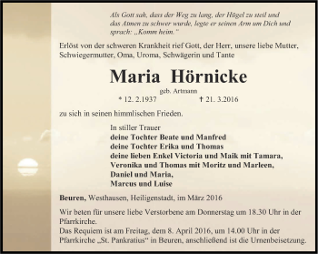 Traueranzeige von Maria Hörnicke von Thüringer Allgemeine