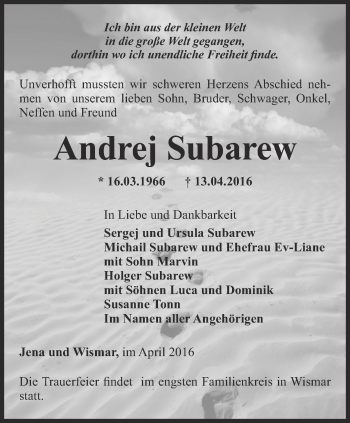 Traueranzeige von Andrej Subarew von Ostthüringer Zeitung, Thüringische Landeszeitung