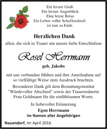 Traueranzeige von Rosel Herrmann von Ostthüringer Zeitung, Thüringische Landeszeitung