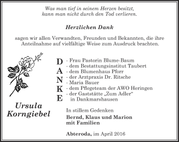 Traueranzeige von Ursula Korngiebel von Thüringer Allgemeine, Thüringische Landeszeitung