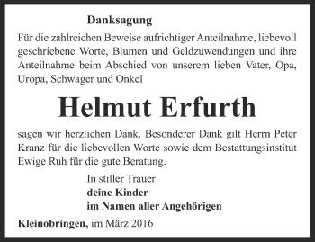 Traueranzeige von Helmut Erfurth von Thüringer Allgemeine, Thüringische Landeszeitung