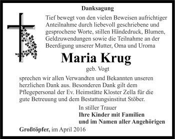 Traueranzeige von Maria Krug von Thüringer Allgemeine