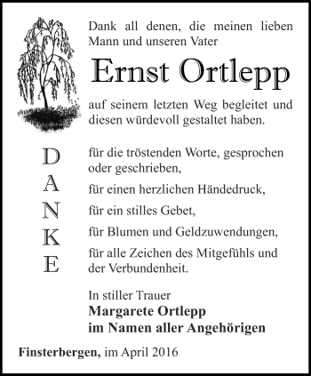 Traueranzeige von Ernst Ortlepp von Ostthüringer Zeitung, Thüringische Landeszeitung