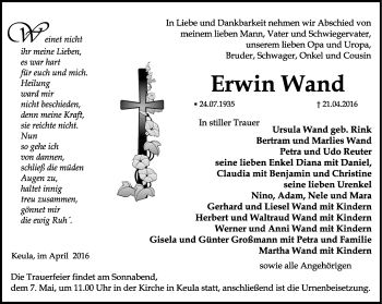 Traueranzeige von Erwin Wand von Thüringer Allgemeine, Thüringische Landeszeitung