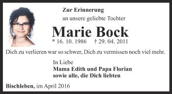 Traueranzeige von Marie Bock von Thüringer Allgemeine, Thüringische Landeszeitung