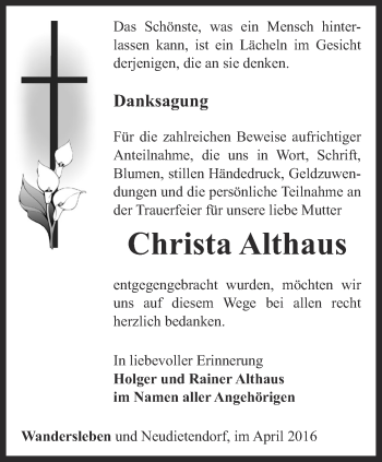 Traueranzeige von Christa Althaus von Ostthüringer Zeitung, Thüringische Landeszeitung