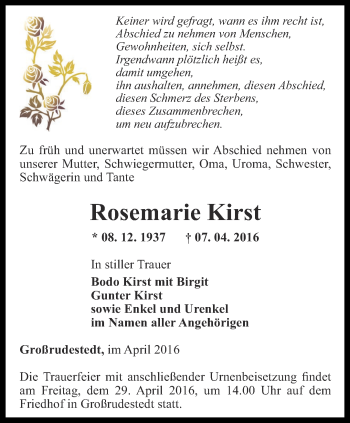 Traueranzeige von Rosemarie Kirst von Thüringer Allgemeine