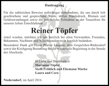 Traueranzeige von Reiner Töpfer von Ostthüringer Zeitung