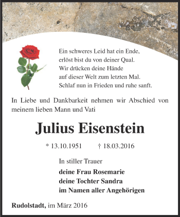 Traueranzeige von Julius Eisenstein von Ostthüringer Zeitung