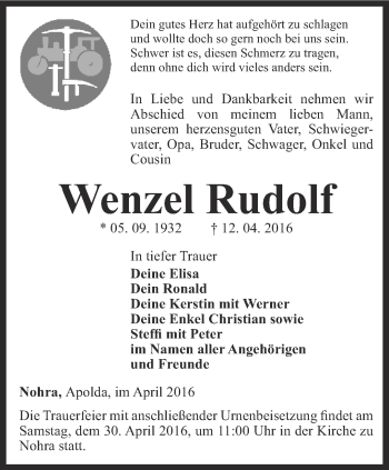 Traueranzeige von Wenzel Rudolf von Thüringer Allgemeine, Thüringische Landeszeitung
