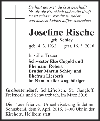 Traueranzeige von Josefine Rische von Ostthüringer Zeitung