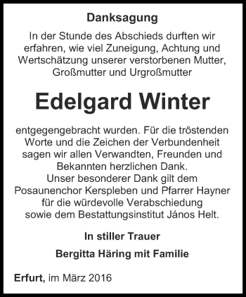Traueranzeige von Edelgard Winter von Thüringer Allgemeine, Thüringische Landeszeitung