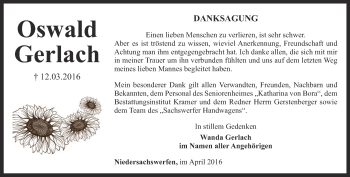 Traueranzeige von Oswald Gerlach von Thüringer Allgemeine
