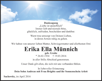 Traueranzeige von Erika Ella Münnich von Ostthüringer Zeitung