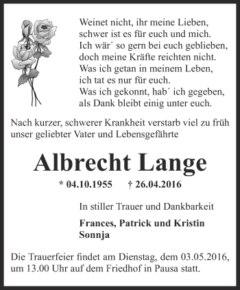 Traueranzeige von Albrecht Lange von Ostthüringer Zeitung