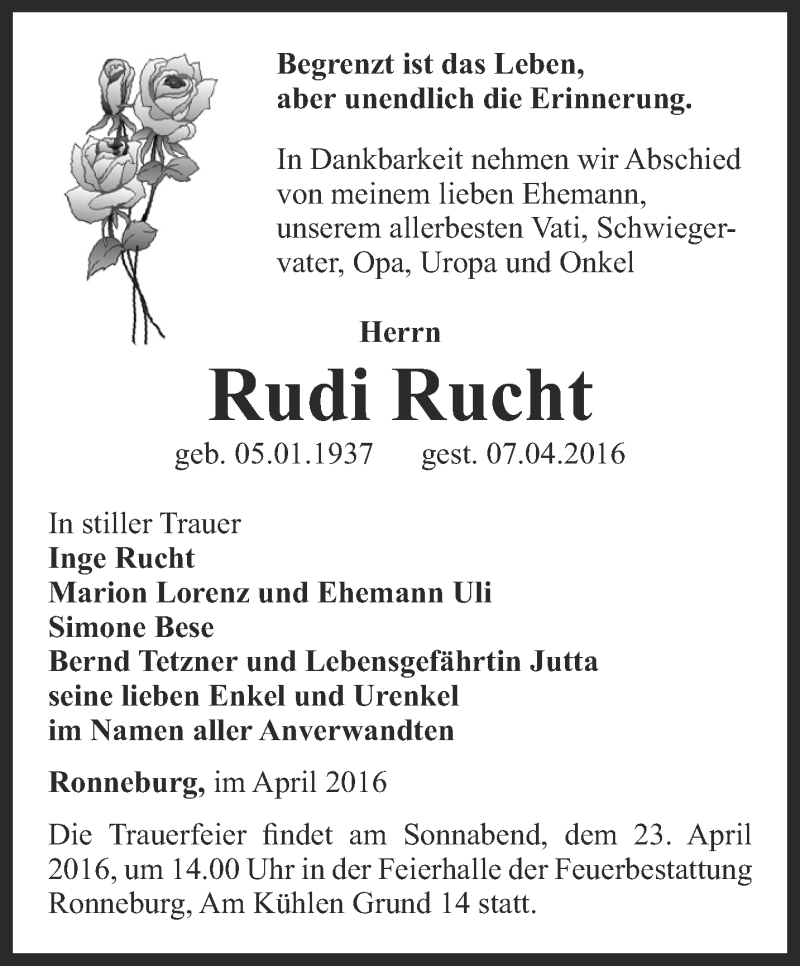  Traueranzeige für Rudi Rucht vom 13.04.2016 aus Ostthüringer Zeitung