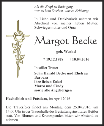 Traueranzeige von Margot Becke von Thüringer Allgemeine