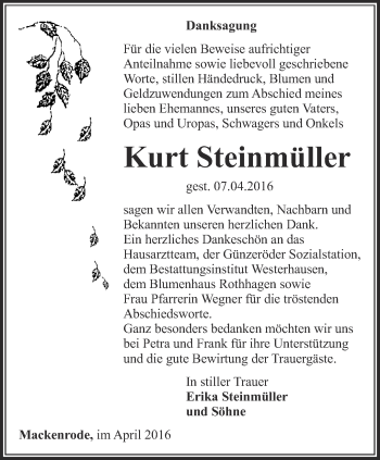 Traueranzeige von Kurt Steinmüller von Thüringer Allgemeine